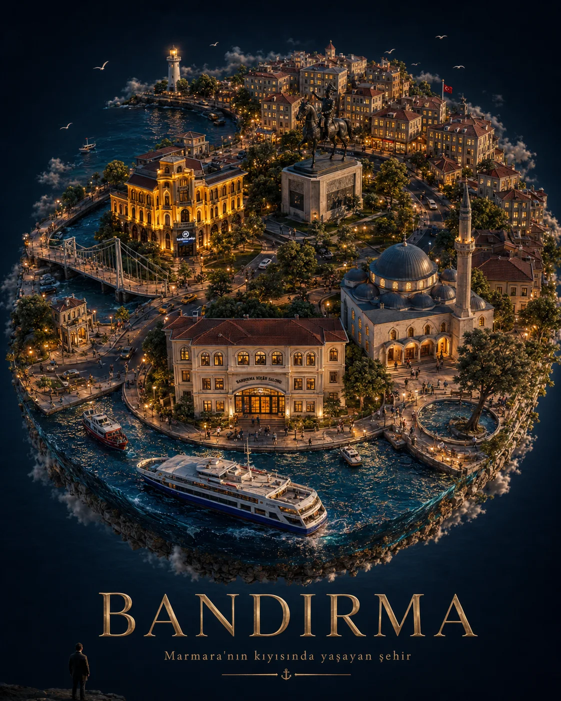 Bandırma’nın gece görünümünü izometrik bir maket olarak gösteren editoryal illüstrasyon